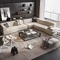 Modern L Shaped Beige Sofa and Black Coffee Table Set with Large Window and Decor 3d model
