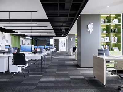 Modern Public Office Interior Design With Open Layout Desks Computers And Office Chairs 3d model