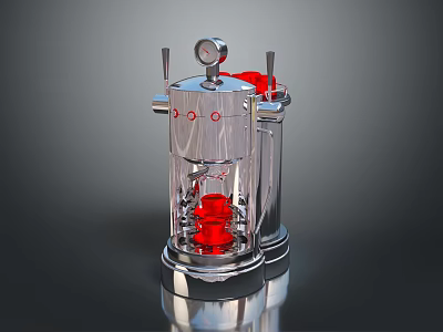 Silver Metallic Industrial Device With Red Components And Gauge On Reflective Surface 3d model