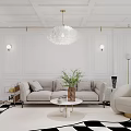 Elegant Living And Dining Area With Chandelier Large Windows Green Plants Beige Armchair And Checkered Cabinet