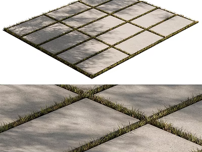Square Patio Tiles with Grass Growing in Gaps for Outdoor Garden Area Design 3d model