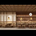 Modern Restaurant Interior Design With Wooden Tables Chairs Pendant Light And Indoor Plant