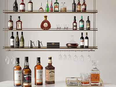 Elegant Multi tiered Metal Wine Rack with Hanging Glassware and Liquor Bottles 3d model