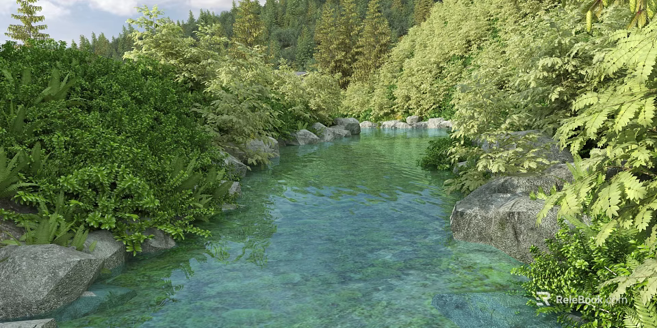 Beautiful Natural Landscape With Clear River Lush Green Vegetation And Rocks 3d model 