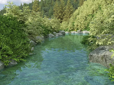 Beautiful Natural Landscape With Clear River Lush Green Vegetation And Rocks 3d model