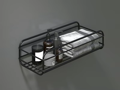 Modern Bathroom Accessories with Towels and Toiletries on Black Metal Wall Rack 3d model