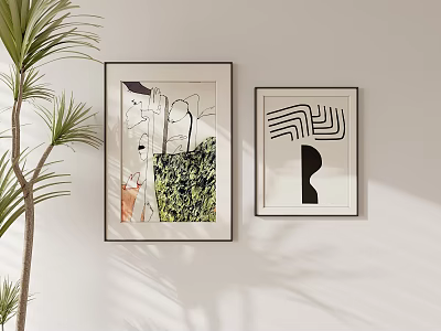 Two Different Decorative Artworks On White Wall With Green Plant Indoor Decor 3d model