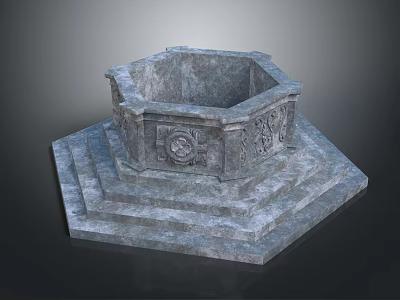 Antique Stone Octagonal Garden Ornament With Carved Patterns And Tiered Base 3d model