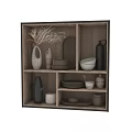 Modern Dinnerware Set With Plates Bowls Kettle Vase And Jars On Wooden Shelf