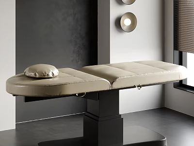 Beige Leather Massage Bed With Pillow On Black Base In Modern Spa Room 3d model