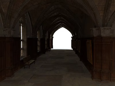 Historic Arched Corridor Architecture With Stone Vaults Wooden Panels And Bench 3d model