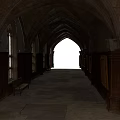 Historic Arched Corridor Architecture With Stone Vaults Wooden Panels And Bench