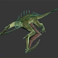 Green Fantasy Creature With Spikes Long Tail Open Mouth Red Wings And Claws