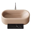Modern Beige Bathtub Design With Black Marble Countertop And Faucet
