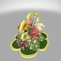 Decorative Floral Arrangement Featuring Yellow Cloud Frame Pink Orange White Roses Red Berries Green Leaves