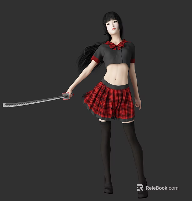 Woman Wearing Black Red Crop Top Red Plaid Skirt Black Thigh High Socks Holding Sword 3d model 