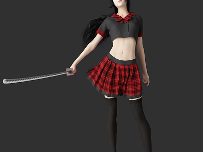 Woman Wearing Black Red Crop Top Red Plaid Skirt Black Thigh High Socks Holding Sword 3d model