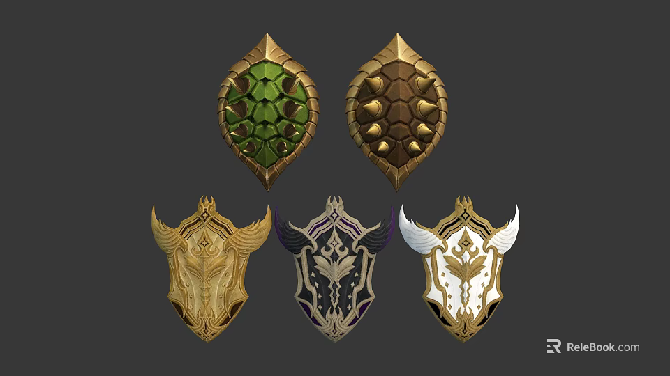 Ornate Decorative Shields Featuring Various Designs Gold Green Black White Patterns And Intricate Details 3d model 