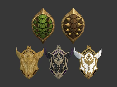 Ornate Decorative Shields Featuring Various Designs Gold Green Black White Patterns And Intricate Details 3d model