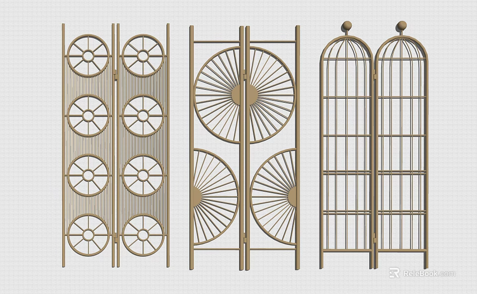 Elegant Golden Metal Room Dividers With Circular Radial And Grid Pattern Designs 3d model 