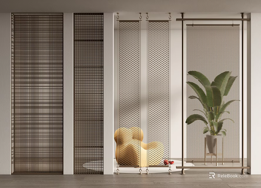 Modern Metal Mesh Room Divider With Yellow Chair And Green Plant Decor 3d model 