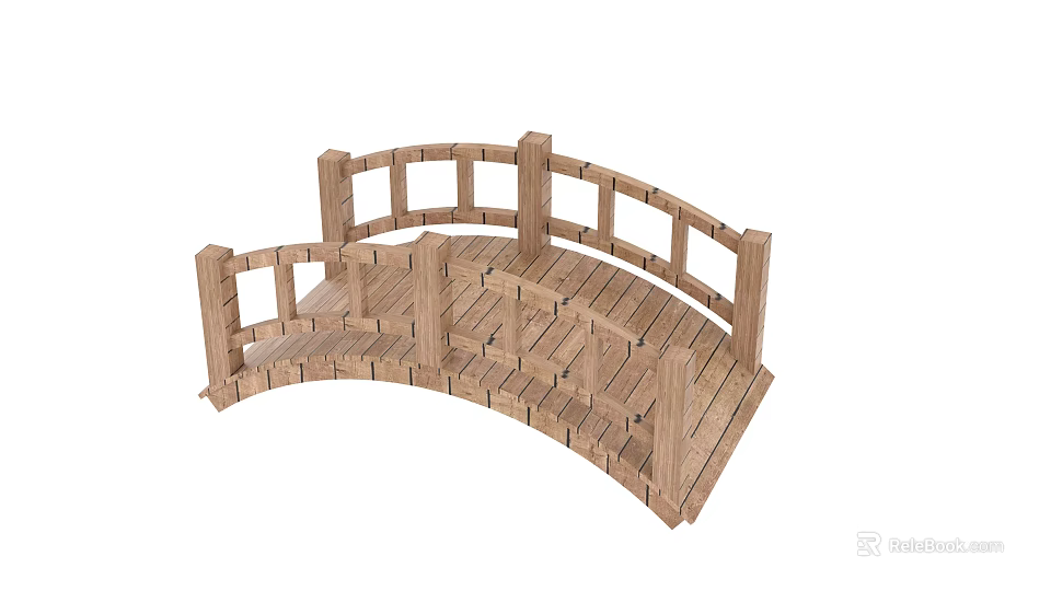 Arched Wooden Garden Bridge With Railings And Curved Design Structure 3d model 