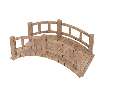 Arched Wooden Garden Bridge With Railings And Curved Design Structure 3d model