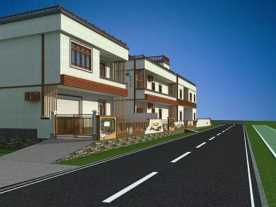 Two Story Residential Building Exterior Design With Adjacent Road And Blue Sky 3d model