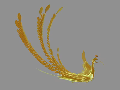 Elegant Mythical Golden Flying Phoenix with Long Flowing Tail Feathers and Graceful Posture 3d model