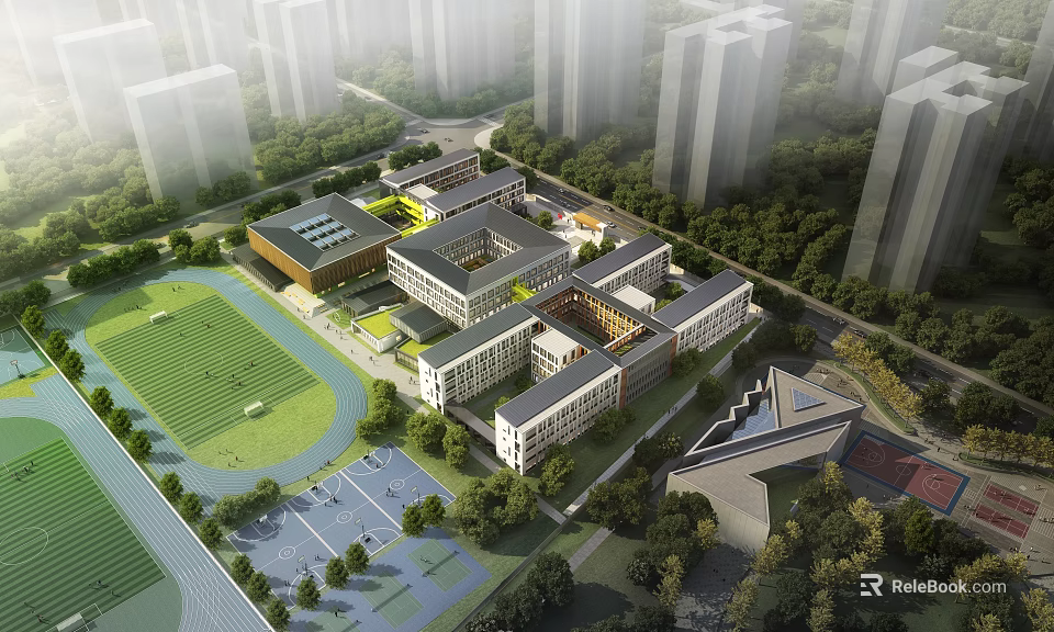 Modern School Campus With Academic Buildings Sports Field Green Trees And Surrounding High Rises 3d model 