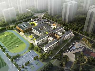 Modern School Campus With Academic Buildings Sports Field Green Trees And Surrounding High Rises 3d model