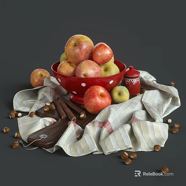 Fresh Apples In Red Polka Dot Bowl With Striped Cloth Nuts And Knife 3d model 