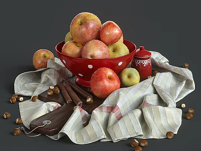 Fresh Apples In Red Polka Dot Bowl With Striped Cloth Nuts And Knife 3d model