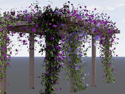 Decorative Garden Pergola with Climbing Purple Blue Flowers and Green Leaves 3d model