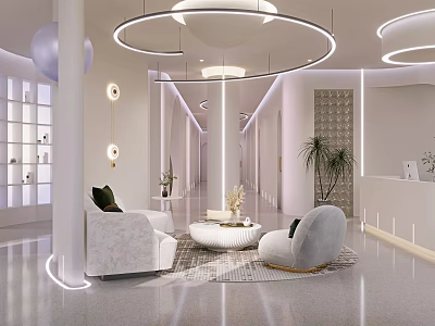 Modern Beauty Salon Interior Design With Elegant White Sofas Round Pendant Lights And Green Plants 3d model