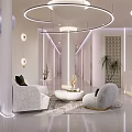 Modern Beauty Salon Interior Design With Elegant White Sofas Round Pendant Lights And Green Plants