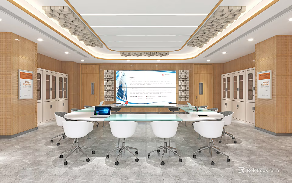 School Modern Meeting Room Featuring Round Table Large Screen White Chairs Wooden Walls Storage Cabinets 3d model 