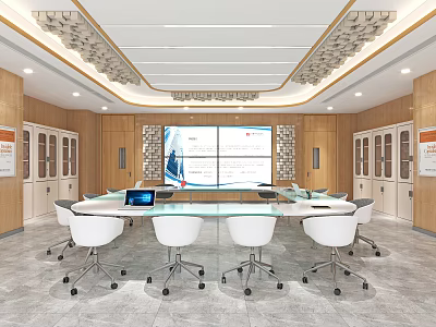 School Modern Meeting Room Featuring Round Table Large Screen White Chairs Wooden Walls Storage Cabinets 3d model