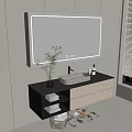 Modern Bathroom Vanity Cabinet With LED Light Mirror Black Countertop White Sink And Towel Storage