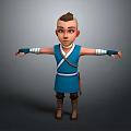 3D Man In Blue Outfit With Crossed Sash White Armbands And Arms Outstretched Against Grey Background