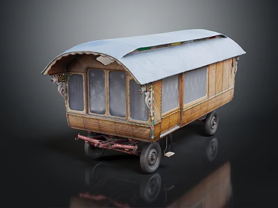 Vintage Wooden Trailer Featuring Curved Roof Windows Decorative Details And Wheels 3d model