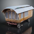 Vintage Wooden Trailer Featuring Curved Roof Windows Decorative Details And Wheels
