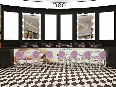 Makeup Products On Stylish Bar Counter With Purple Chairs Mirrors And Checkered Floor 3d model