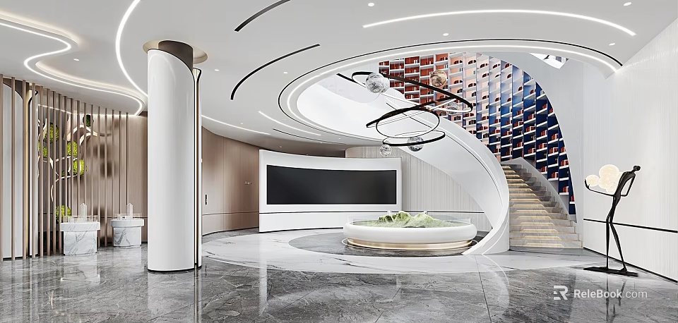 Modern Sales Office Interior With Curved Design Spiral Staircase Large Screen And Circular Water Feature 3d model 