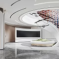 Modern Sales Office Interior With Curved Design Spiral Staircase Large Screen And Circular Water Feature