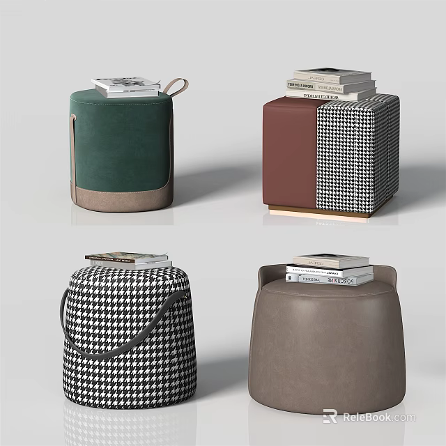 Stylish Ottoman Stools With Various Patterns And Books On Top 3d model 