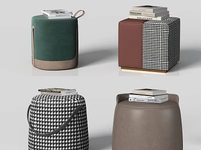 Stylish Ottoman Stools With Various Patterns And Books On Top 3d model
