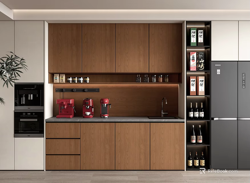 Modern Kitchen Interior With Wooden Sideboard Drawer Countertop Coffee Maker And Glassware 3d model 