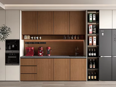 Modern Kitchen Interior With Wooden Sideboard Drawer Countertop Coffee Maker And Glassware 3d model