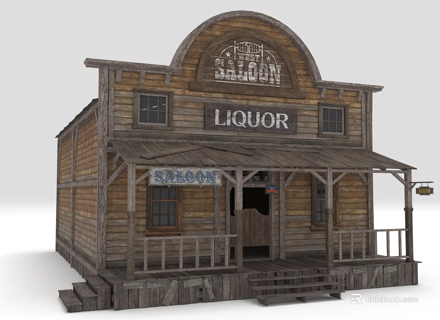 Vintage Western Saloon Building With Wooden Porch And Liquor Sign 3d model 
